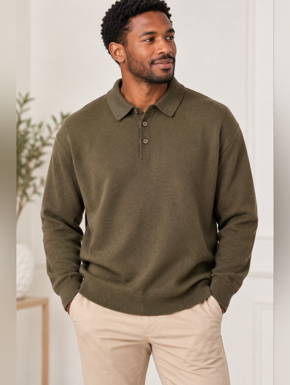 Gran Sasso Olive Green Long Sleeve Knit Polo Sweater